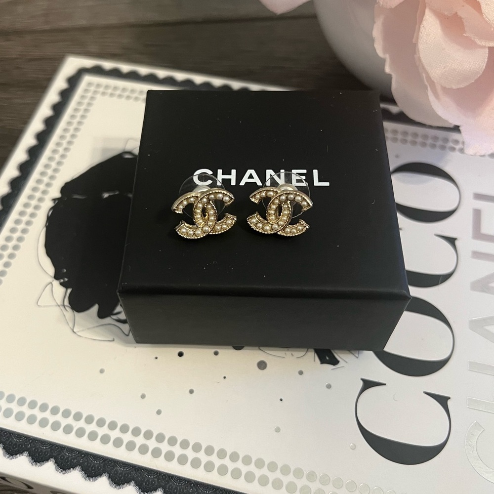 Chanel Faux Pearl Classic CC Stud Earrings